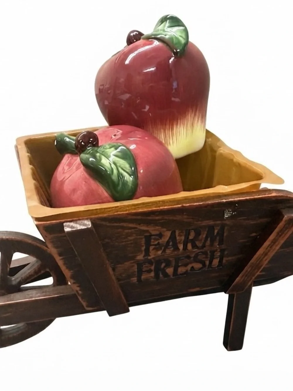 Decorative Red Ceramic Apple Figurines with Farm Fresh Wheelbarrow